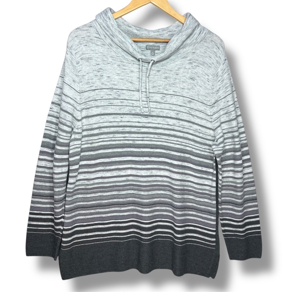 T by‎ Talbots Women's XL Sweater Gray Ombre Striped Drawstring Cowl Neck Tunic